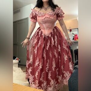 Off-Shoulder Lace Gown in Rose and maroon